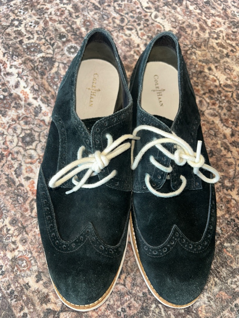 Cole Haan Black Suede Wingtip Derbys with Cream Laces